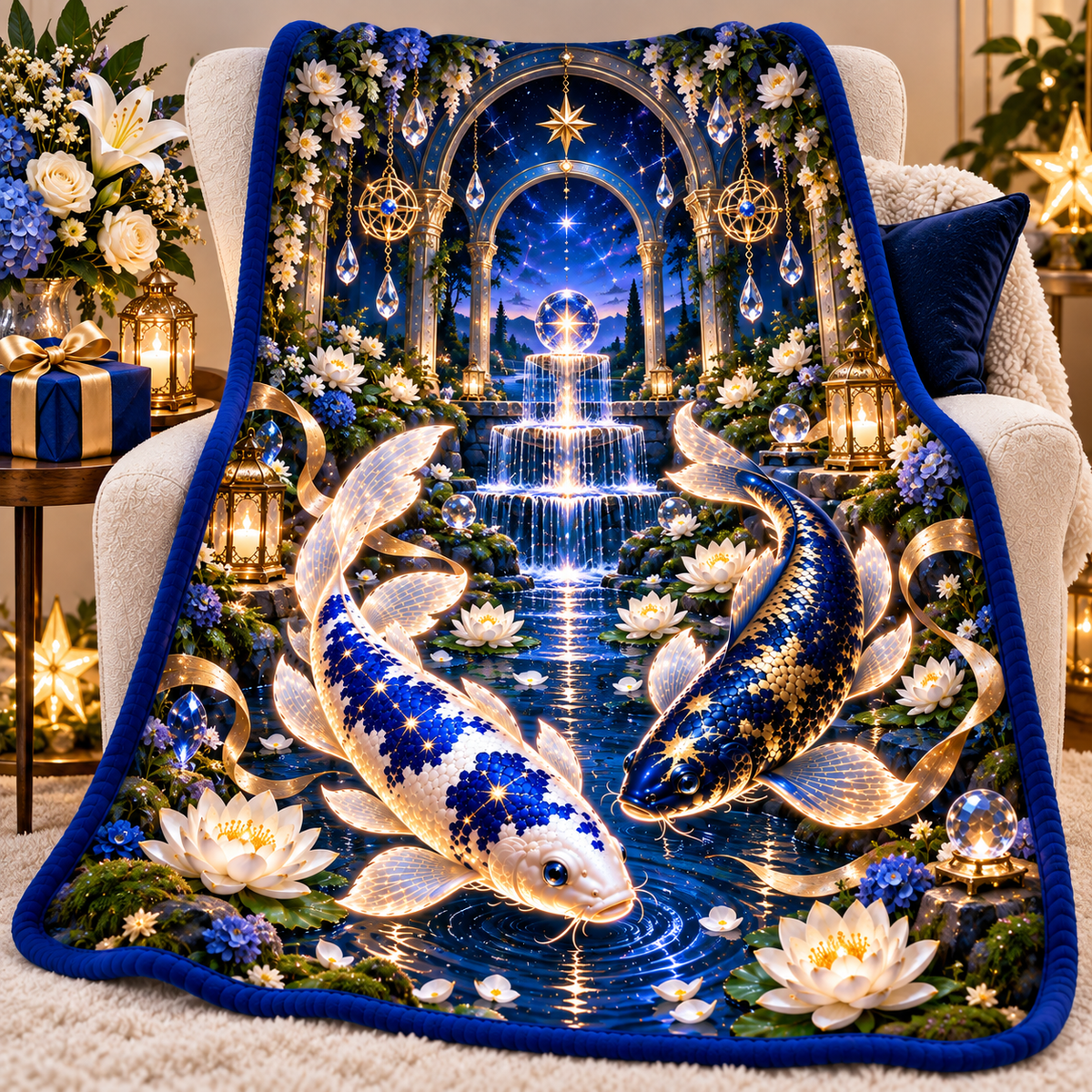 Celestial Koi Birthday Sherpa & Fleece Blanket with printed optical 3D artwork in its use setting
