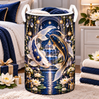 Celestial Koi Birthday Laundry Hamper with printed optical 3D artwork in its use setting