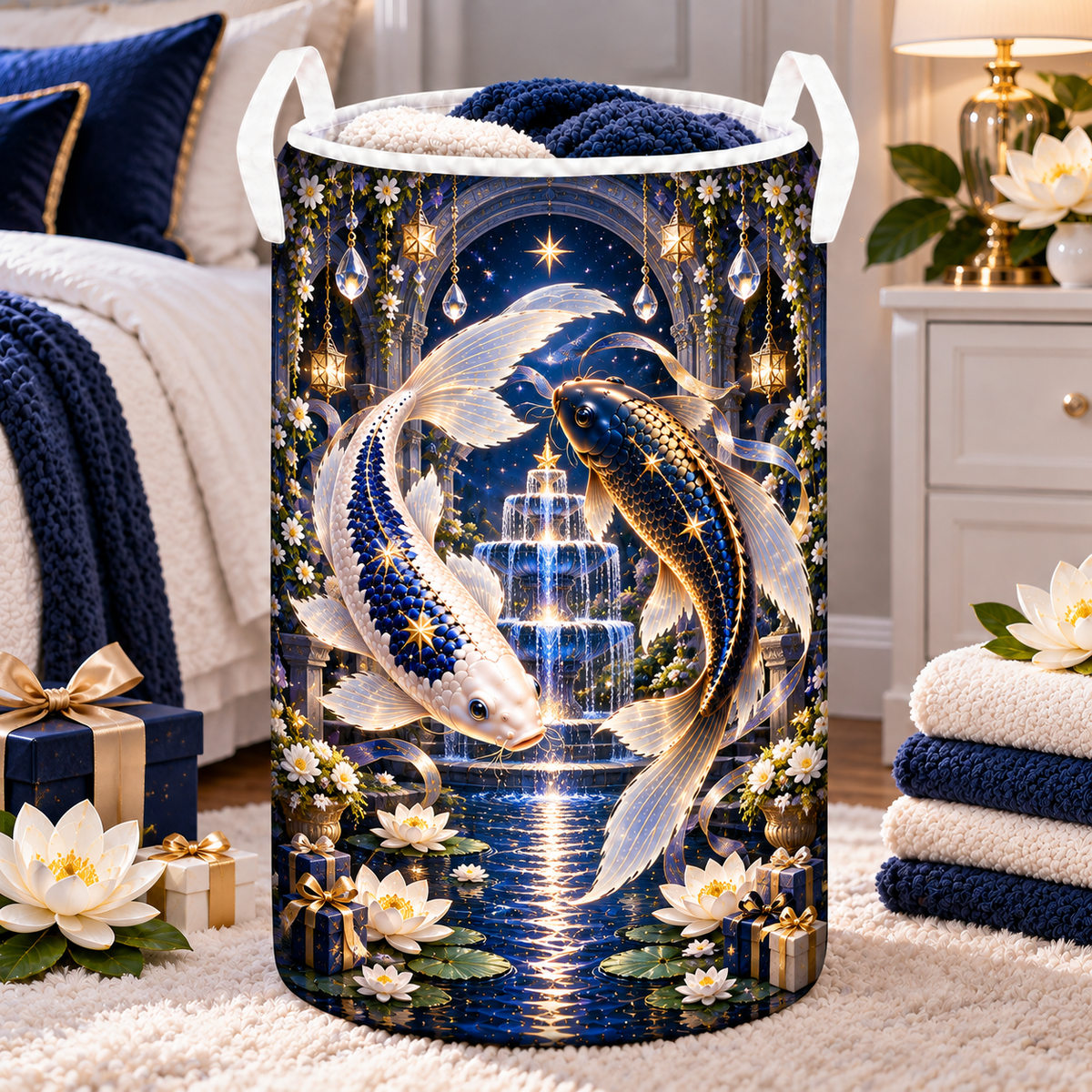 Celestial Koi Birthday Laundry Hamper with printed optical 3D artwork in its use setting