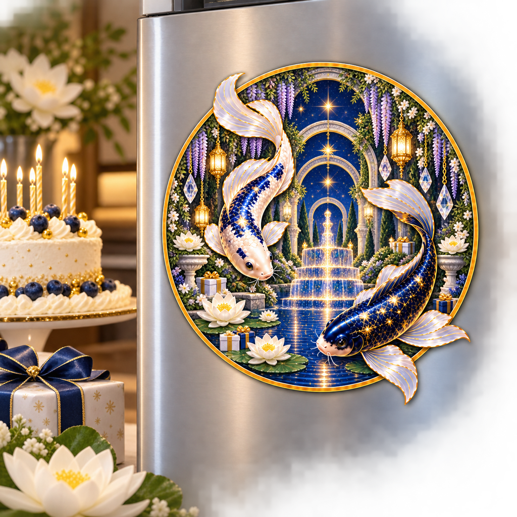 Celestial Koi Birthday Acrylic Refrigerator Magnet with printed optical 3D artwork in its use setting