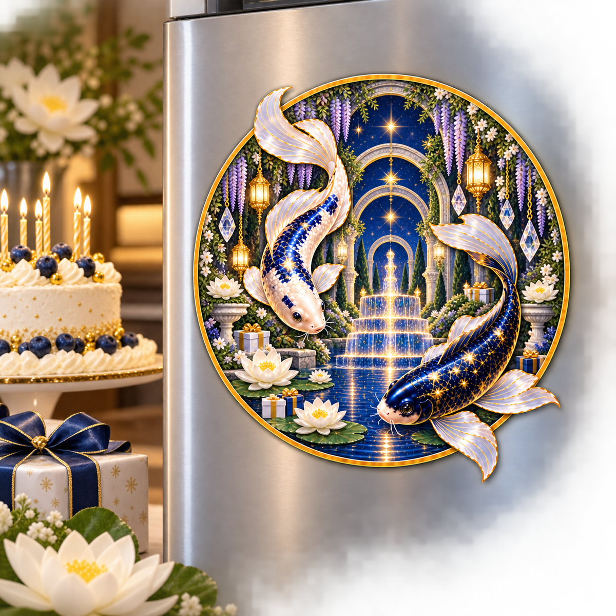 Celestial Koi Birthday Acrylic Refrigerator Magnet with printed optical 3D artwork in its use setting