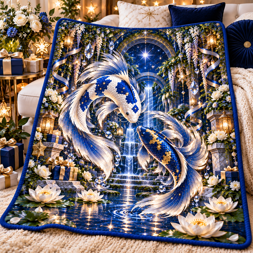 Celestial Koi Birthday Quilt Blanket with printed optical 3D artwork in its use setting