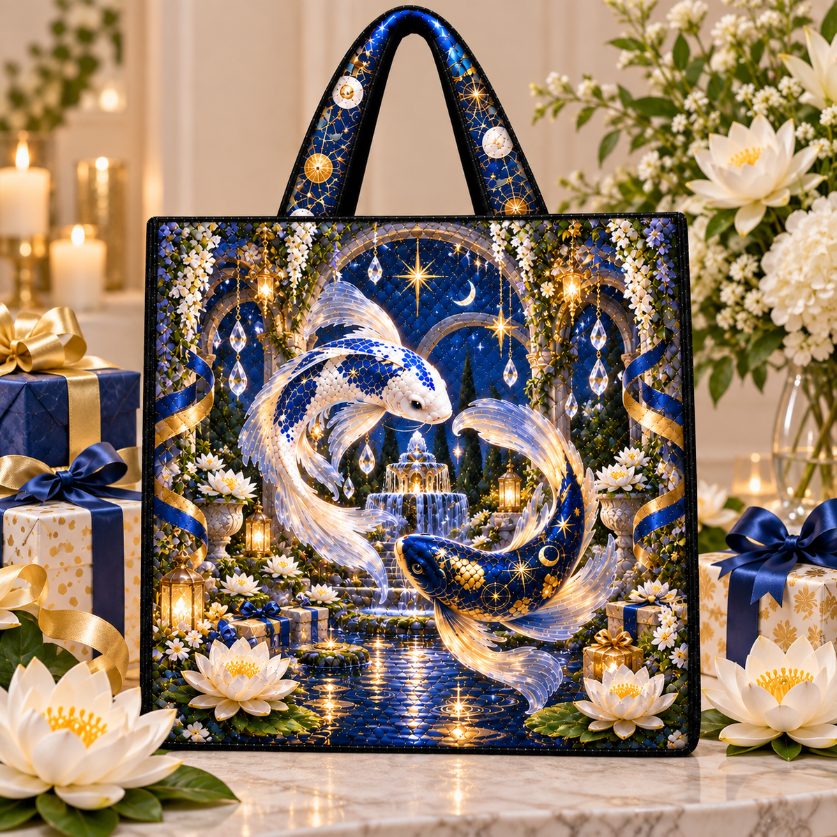 Celestial Koi Birthday Quilted Tote Bag with printed optical 3D artwork in its use setting