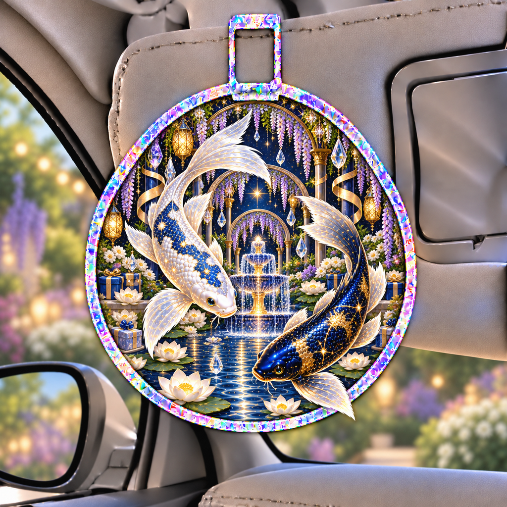 Celestial Koi Birthday Holographic Car Visor Clip with printed optical 3D artwork in its use setting