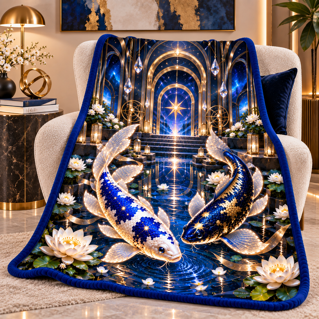 Celestial Koi Urban Gallery Sherpa & Fleece Blanket with printed optical 3D artwork in its use setting