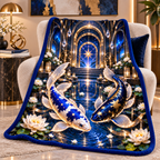 Celestial Koi Urban Gallery Sherpa & Fleece Blanket with printed optical 3D artwork in its use setting