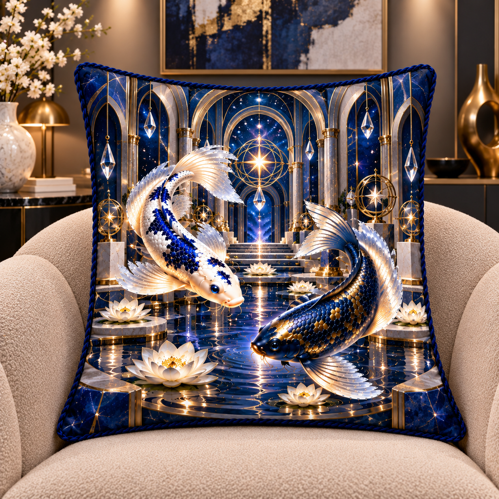 Celestial Koi Urban Gallery Quilted Cushion Cover with printed optical 3D artwork in its use setting