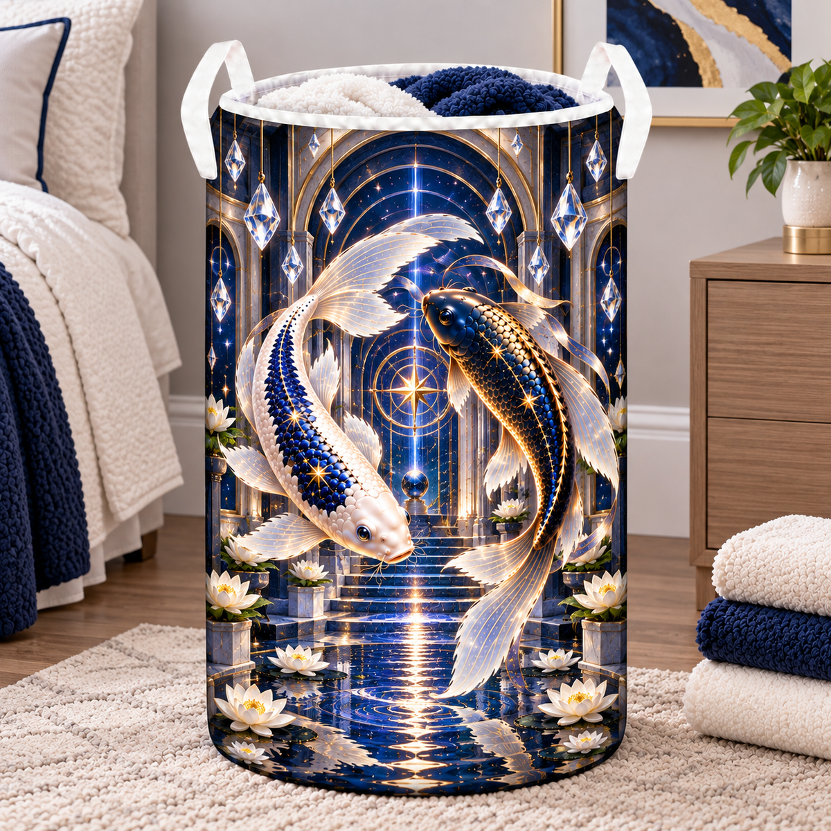 Celestial Koi Urban Gallery Laundry Hamper with printed optical 3D artwork in its use setting