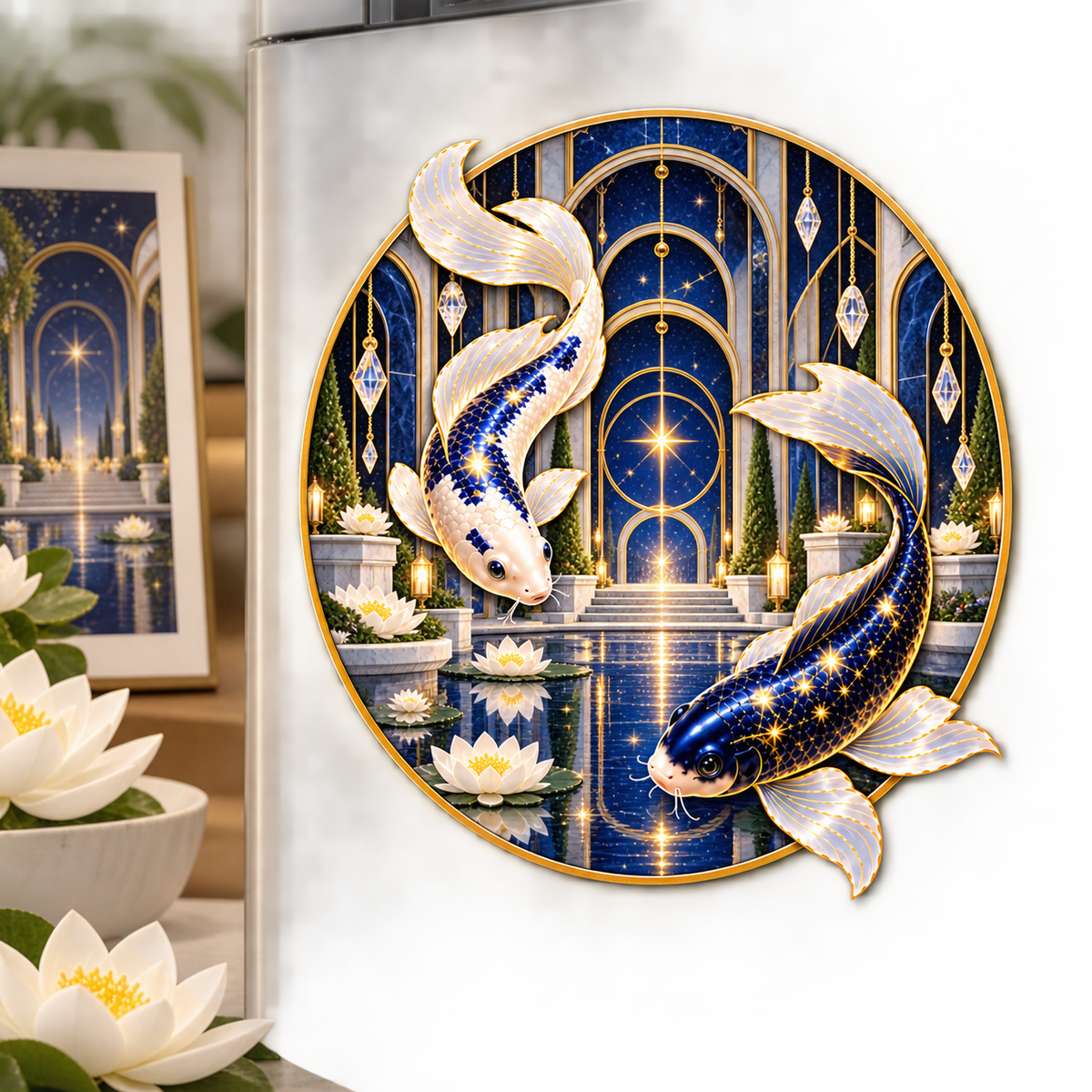 Celestial Koi Urban Gallery Acrylic Refrigerator Magnet with printed optical 3D artwork in its use setting