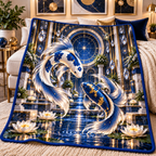 Celestial Koi Urban Gallery Quilt Blanket with printed optical 3D artwork in its use setting