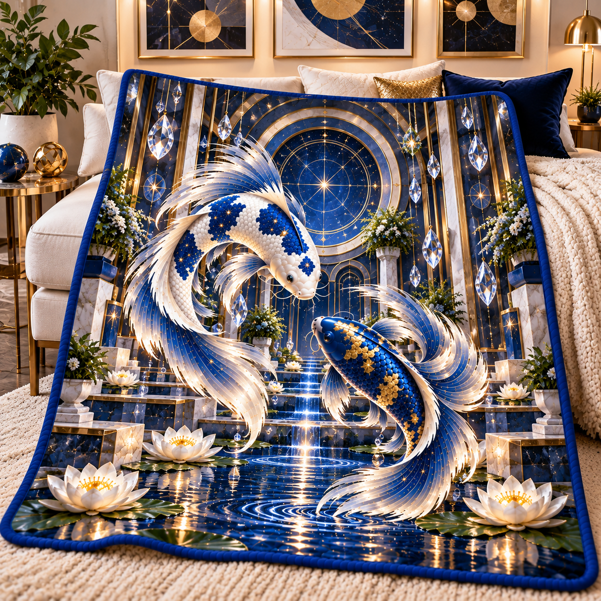Celestial Koi Urban Gallery Quilt Blanket with printed optical 3D artwork in its use setting