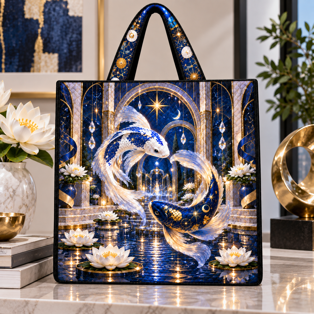 Celestial Koi Urban Gallery Quilted Tote Bag with printed optical 3D artwork in its use setting