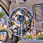 Celestial Koi Urban Gallery Holographic Car Visor Clip with printed optical 3D artwork in its use setting