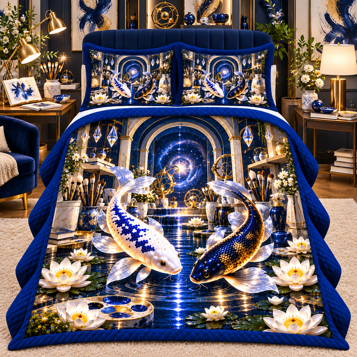 Celestial Koi Art Studio Quilted Bedding Set with printed optical 3D artwork in its use setting