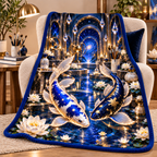 Celestial Koi Art Studio Sherpa & Fleece Blanket with printed optical 3D artwork in its use setting