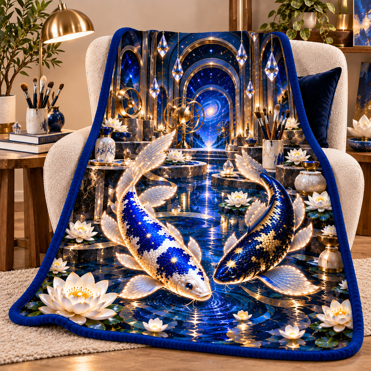 Celestial Koi Art Studio Sherpa & Fleece Blanket with printed optical 3D artwork in its use setting