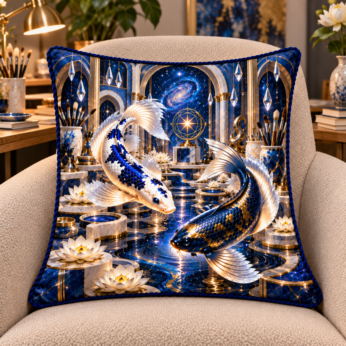 Celestial Koi Art Studio Quilted Cushion Cover with printed optical 3D artwork in its use setting