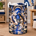 Celestial Koi Art Studio Laundry Hamper with printed optical 3D artwork in its use setting