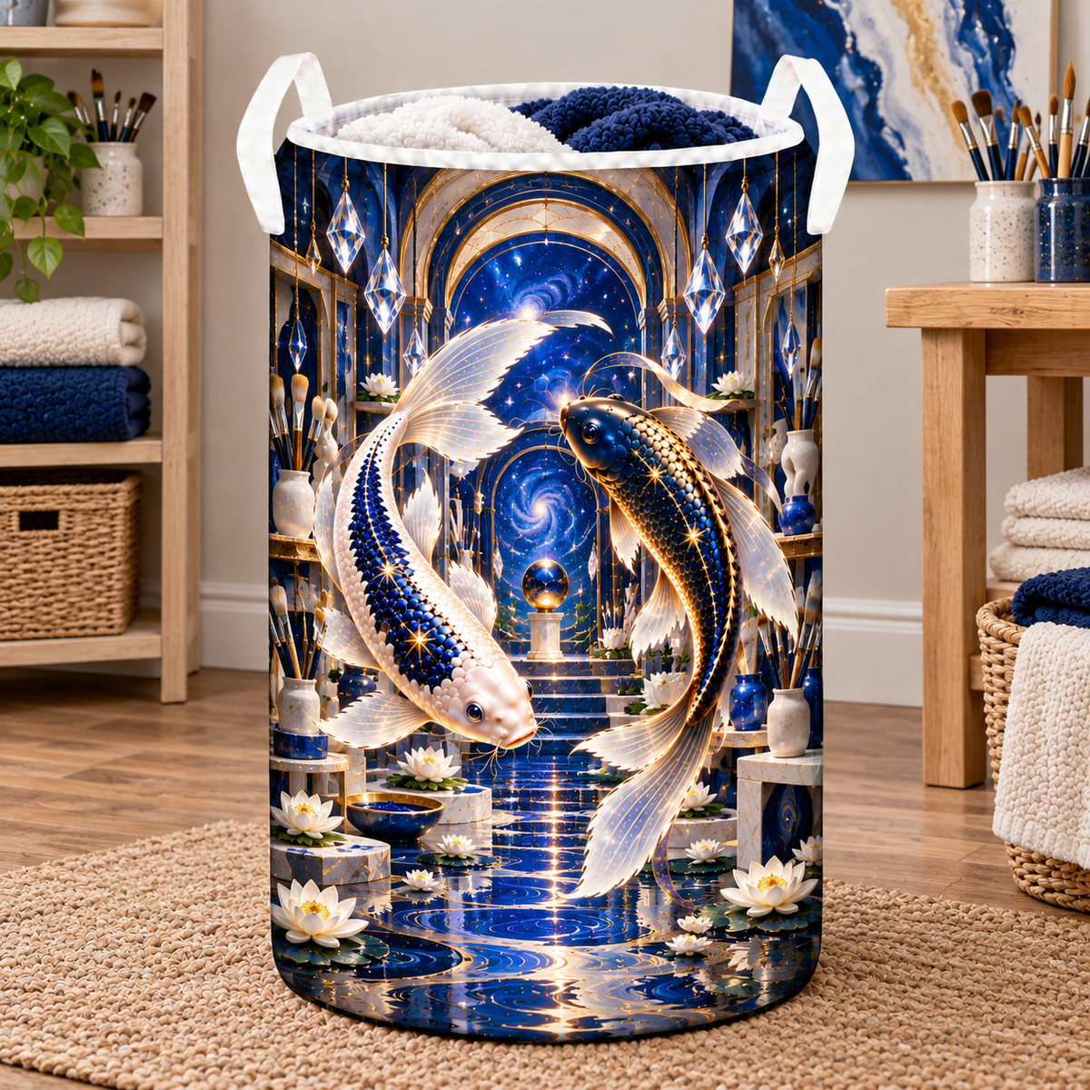 Celestial Koi Art Studio Laundry Hamper with printed optical 3D artwork in its use setting