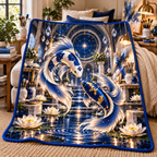 Celestial Koi Art Studio Quilt Blanket with printed optical 3D artwork in its use setting