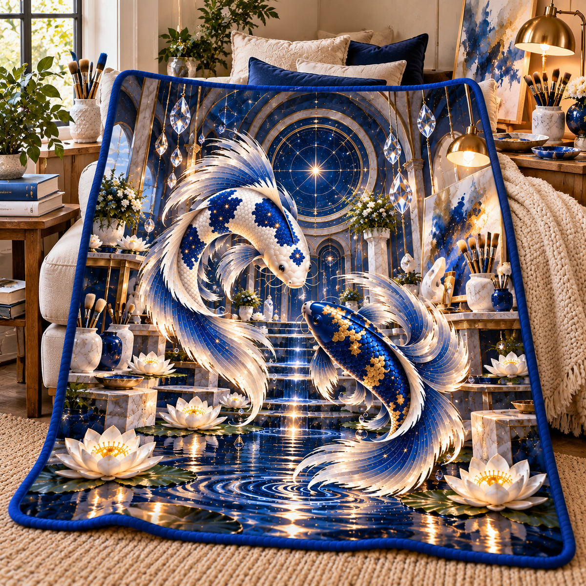 Celestial Koi Art Studio Quilt Blanket with printed optical 3D artwork in its use setting
