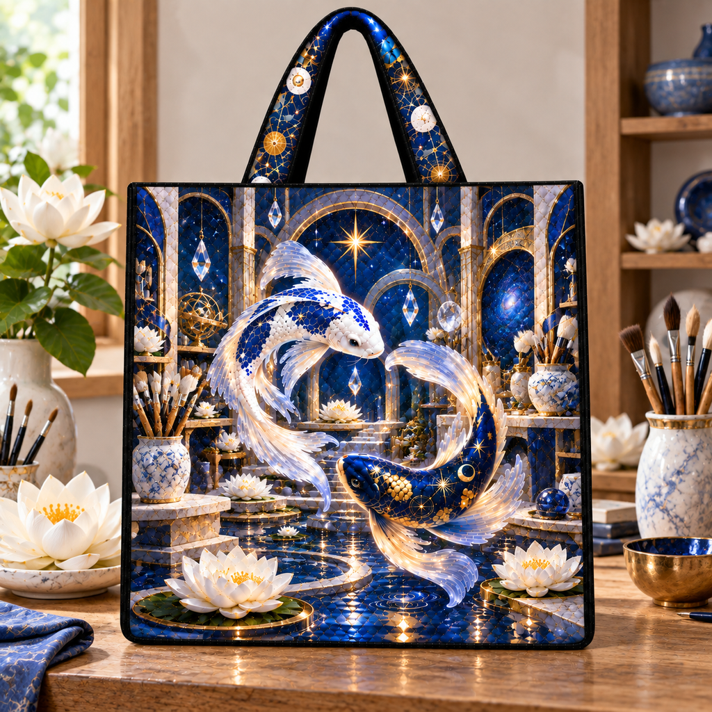 Celestial Koi Art Studio Quilted Tote Bag with printed optical 3D artwork in its use setting