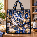 Celestial Koi Art Studio Quilted Tote Bag with printed optical 3D artwork in its use setting