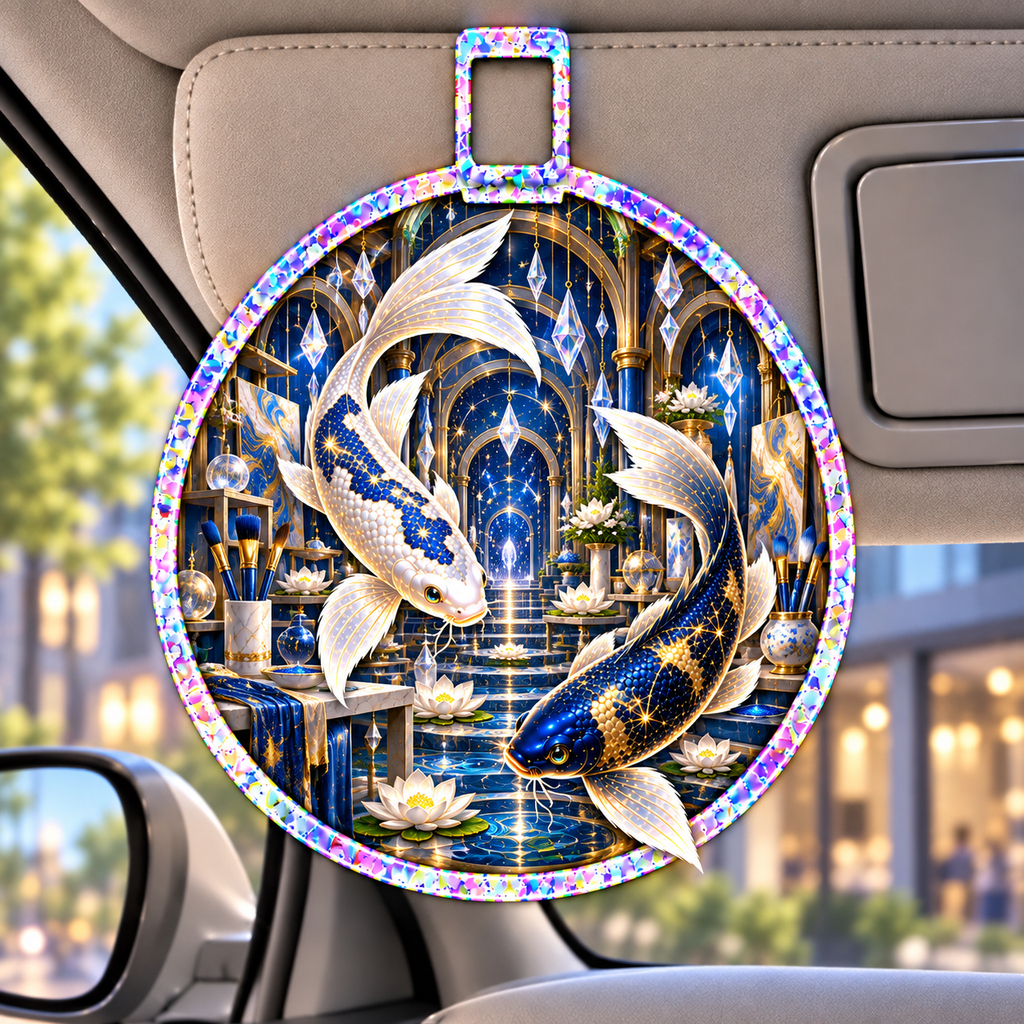 Celestial Koi Art Studio Holographic Car Visor Clip with printed optical 3D artwork in its use setting