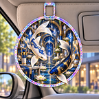 Celestial Koi Art Studio Holographic Car Visor Clip with printed optical 3D artwork in its use setting