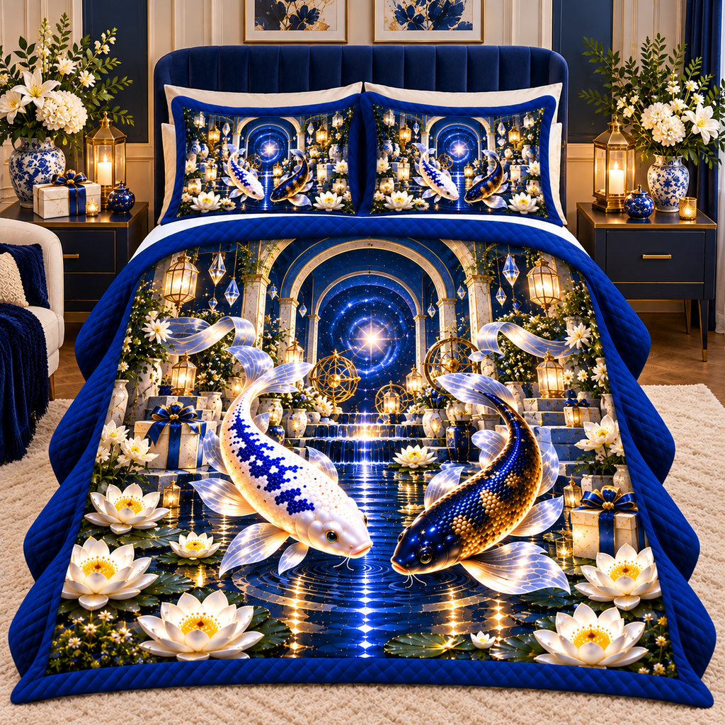 Celestial Koi Gratitude Quilted Bedding Set with printed optical 3D artwork in its use setting