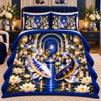 Celestial Koi Gratitude Quilted Bedding Set with printed optical 3D artwork in its use setting