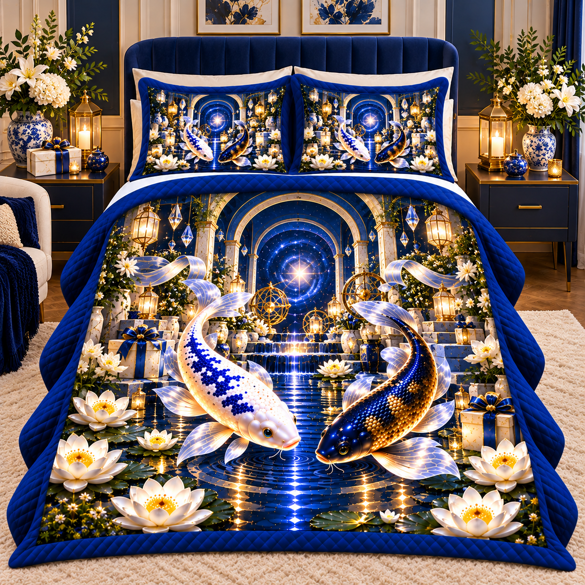 Celestial Koi Gratitude Quilted Bedding Set with printed optical 3D artwork in its use setting