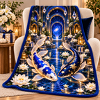 Celestial Koi Gratitude Sherpa & Fleece Blanket with printed optical 3D artwork in its use setting