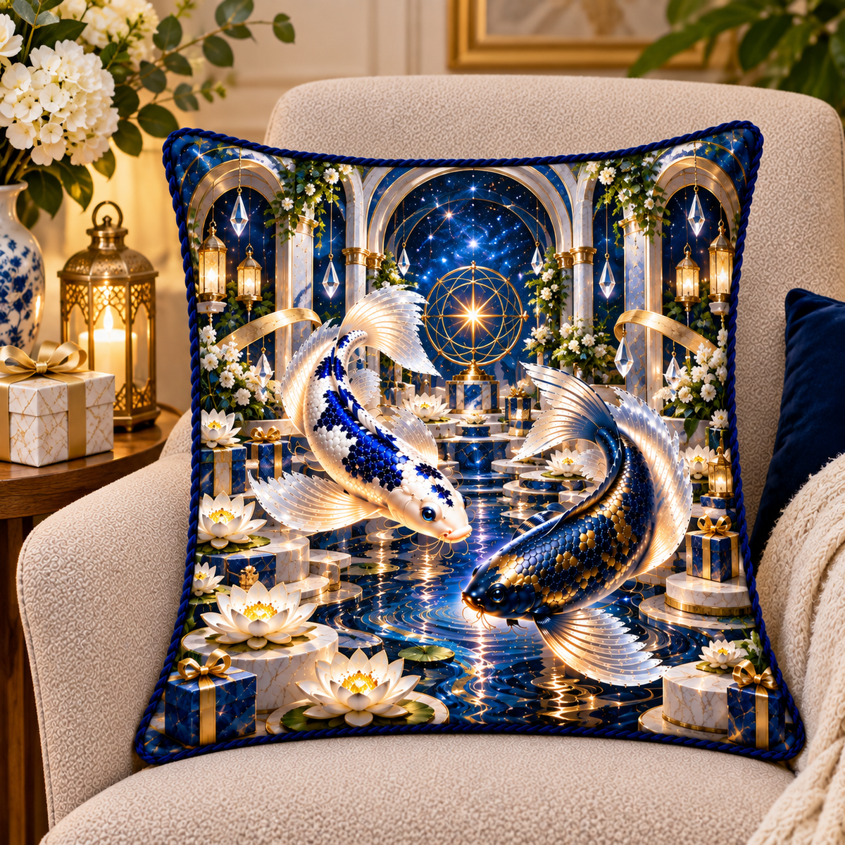 Celestial Koi Gratitude Quilted Cushion Cover with printed optical 3D artwork in its use setting