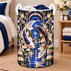 Celestial Koi Gratitude Laundry Hamper with printed optical 3D artwork in its use setting