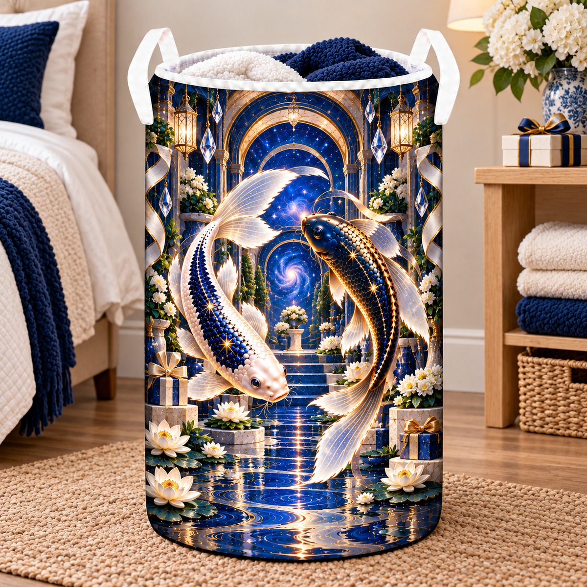 Celestial Koi Gratitude Laundry Hamper with printed optical 3D artwork in its use setting