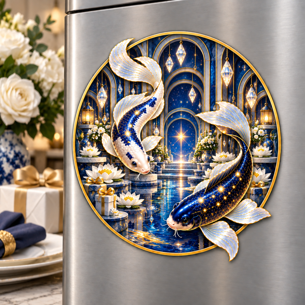 Celestial Koi Gratitude Acrylic Refrigerator Magnet with printed optical 3D artwork in its use setting