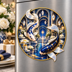 Celestial Koi Gratitude Acrylic Refrigerator Magnet with printed optical 3D artwork in its use setting