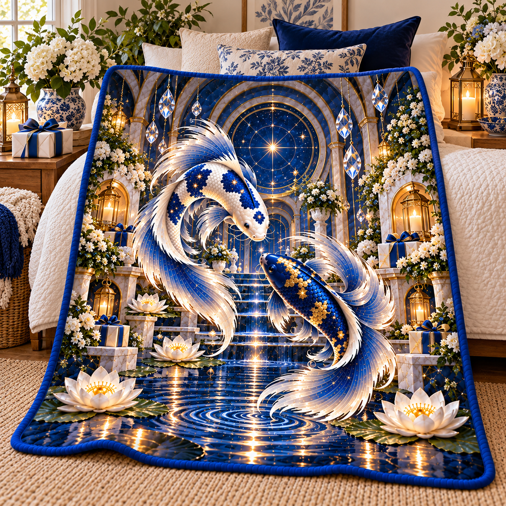 Celestial Koi Gratitude Quilt Blanket with printed optical 3D artwork in its use setting