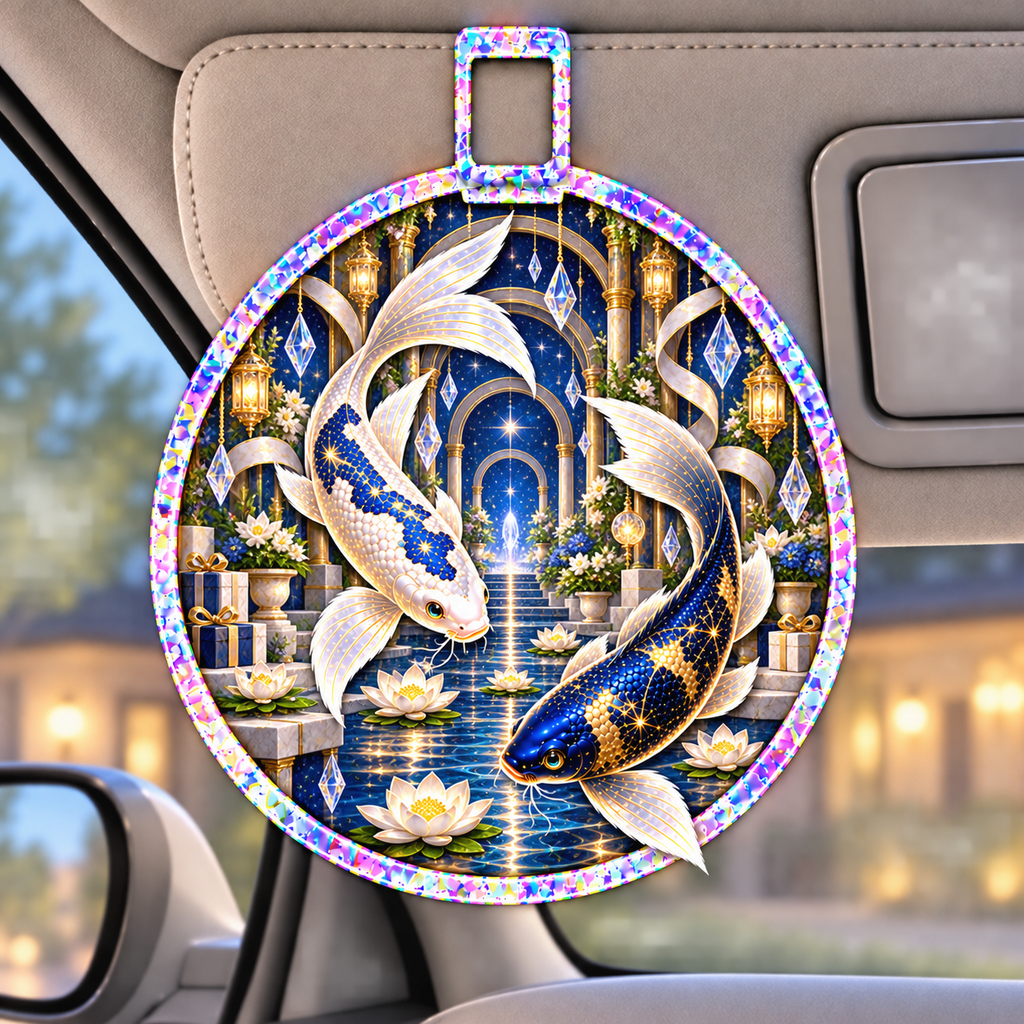 Celestial Koi Gratitude Holographic Car Visor Clip with printed optical 3D artwork in its use setting