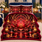 Red Lotus Reading Mandala Quilted Bedding Set with printed optical 3D artwork in its use setting