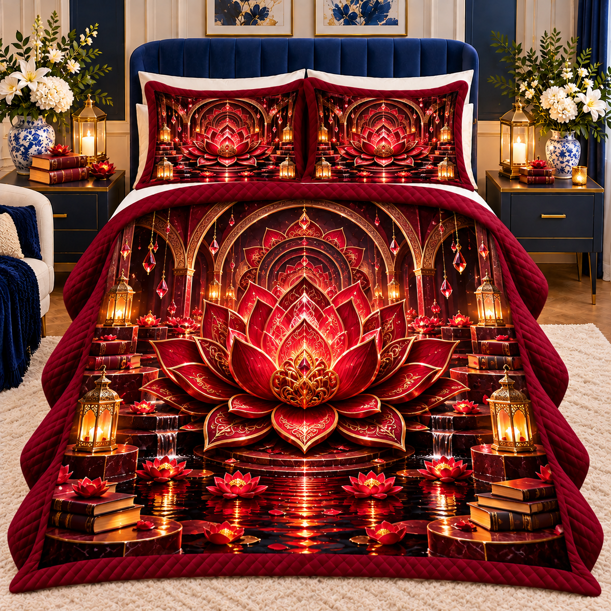Red Lotus Reading Mandala Quilted Bedding Set with printed optical 3D artwork in its use setting