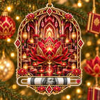 Red Lotus Reading Mandala Acrylic Cash Holder Ornament with printed optical 3D artwork in its use setting