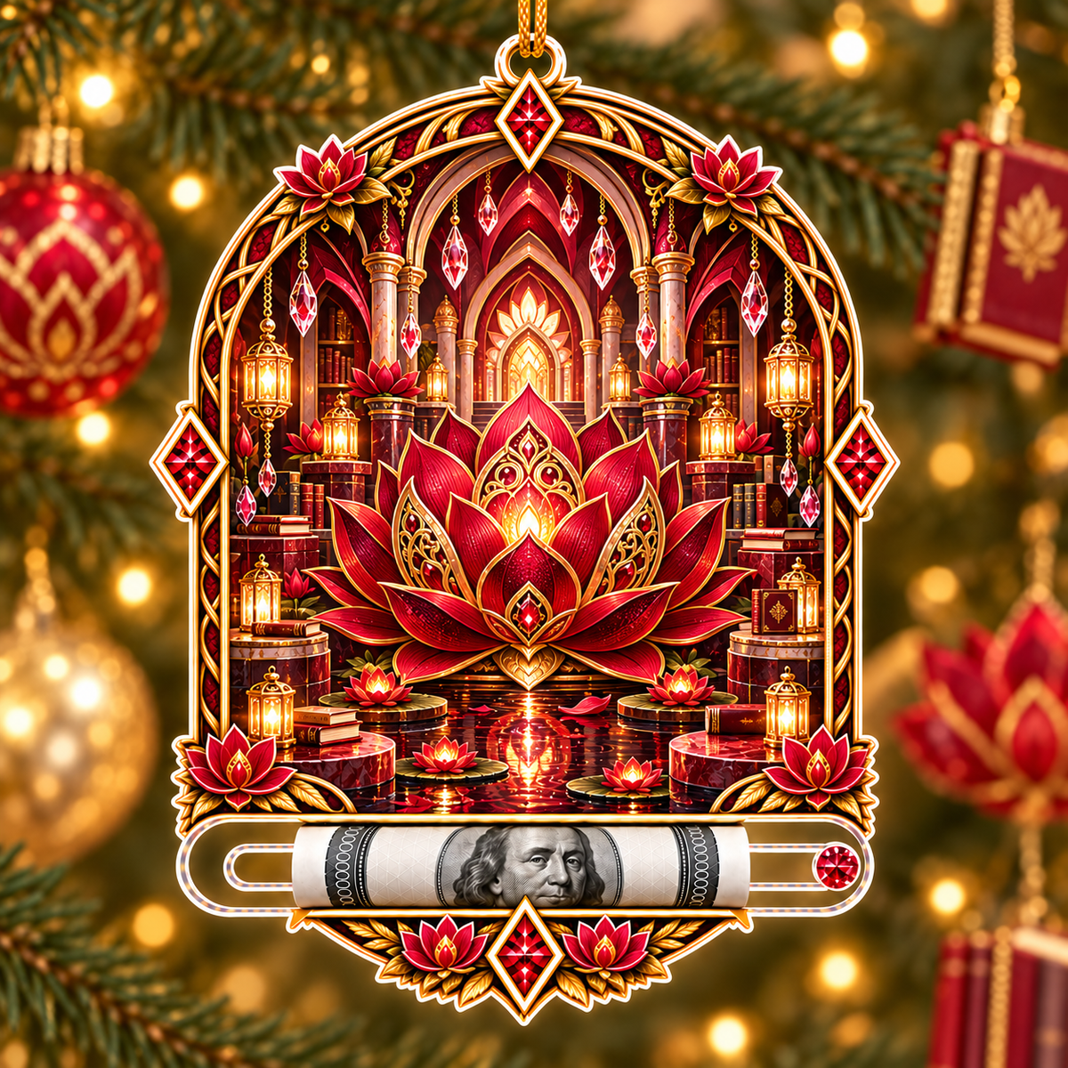 Red Lotus Reading Mandala Acrylic Cash Holder Ornament with printed optical 3D artwork in its use setting