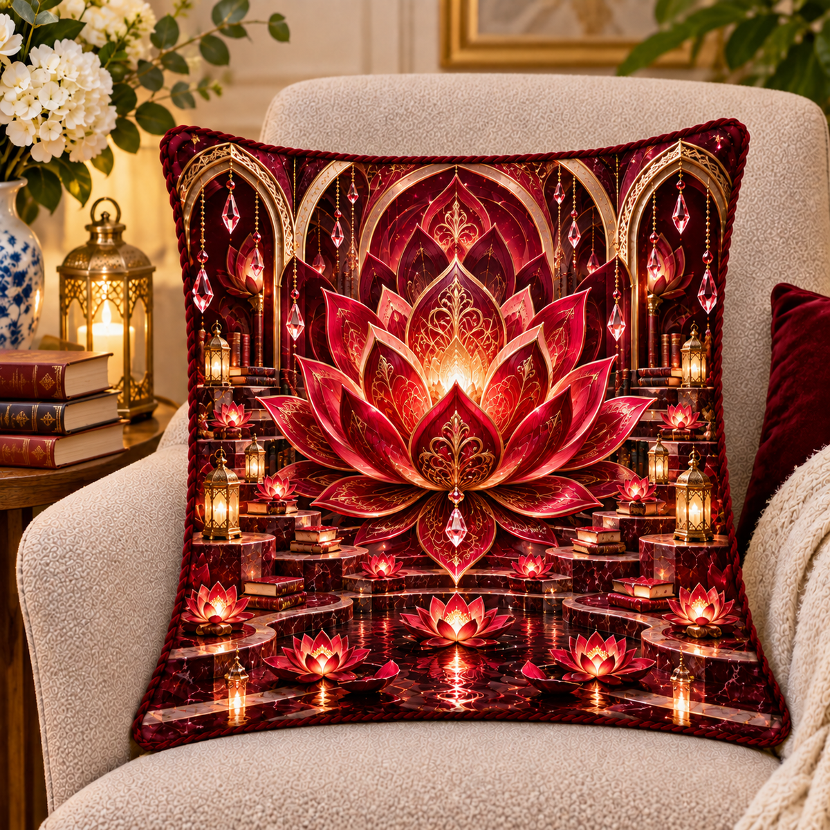 Red Lotus Reading Mandala Quilted Cushion Cover with printed optical 3D artwork in its use setting
