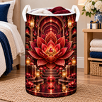 Red Lotus Reading Mandala Laundry Hamper with printed optical 3D artwork in its use setting