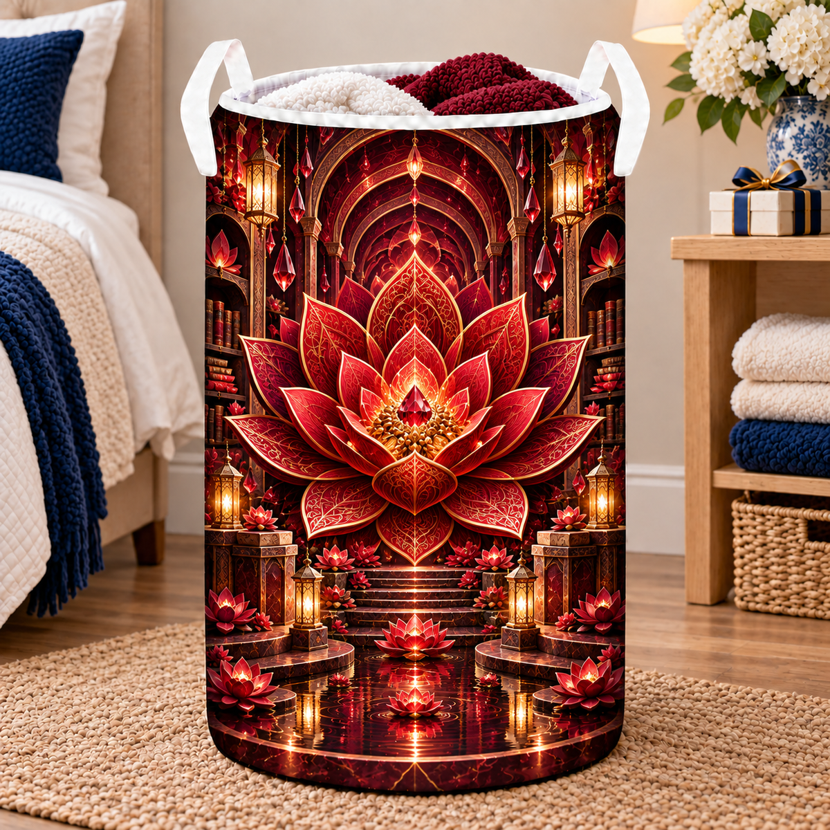 Red Lotus Reading Mandala Laundry Hamper with printed optical 3D artwork in its use setting