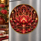 Red Lotus Reading Mandala Acrylic Refrigerator Magnet with printed optical 3D artwork in its use setting