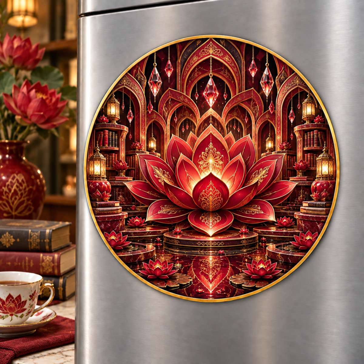 Red Lotus Reading Mandala Acrylic Refrigerator Magnet with printed optical 3D artwork in its use setting