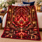 Red Lotus Reading Mandala Quilt Blanket with printed optical 3D artwork in its use setting